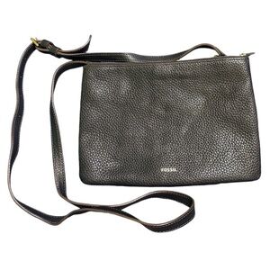 Fossil Black Pebbled Leather Small Crossbody Zip Bag 10 x 7 Inches EUC Gold